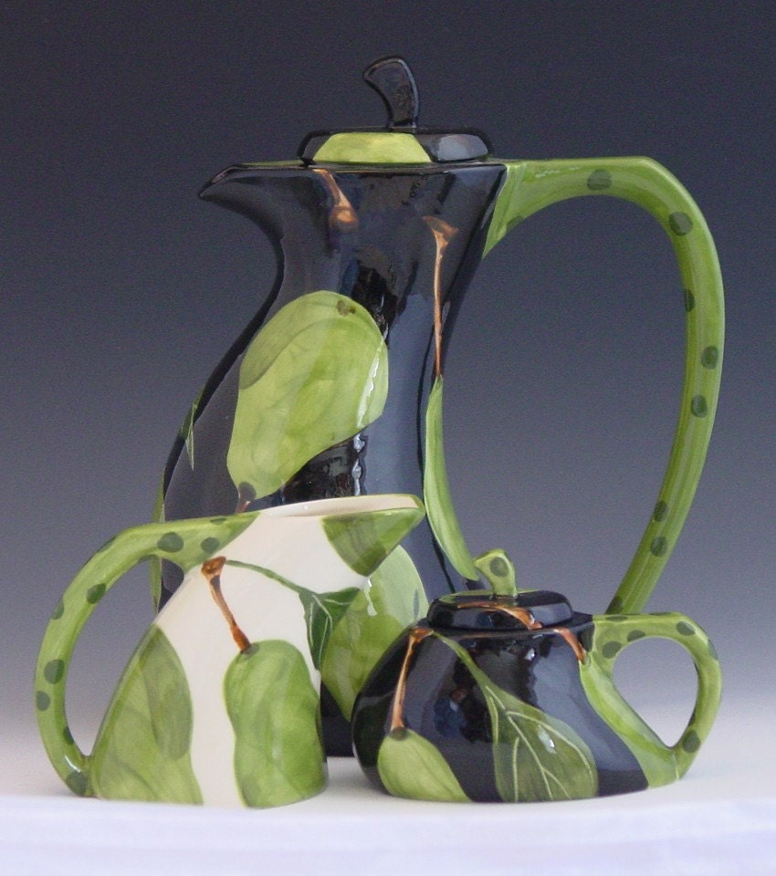Tea Set - Pear Funky Tea Pot, Cream & Sugar - Colorful Handpainted Green Pear Pottery for Serving Modern Home Decor Gift  P-369, P-374