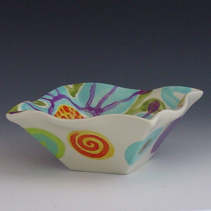 Serving Bowl with Dots - Jubilation Small Flareware Bowl -  Colorful Whimsical Ceramic Pottery Serving Home Decor Best Friend Gifts J-216