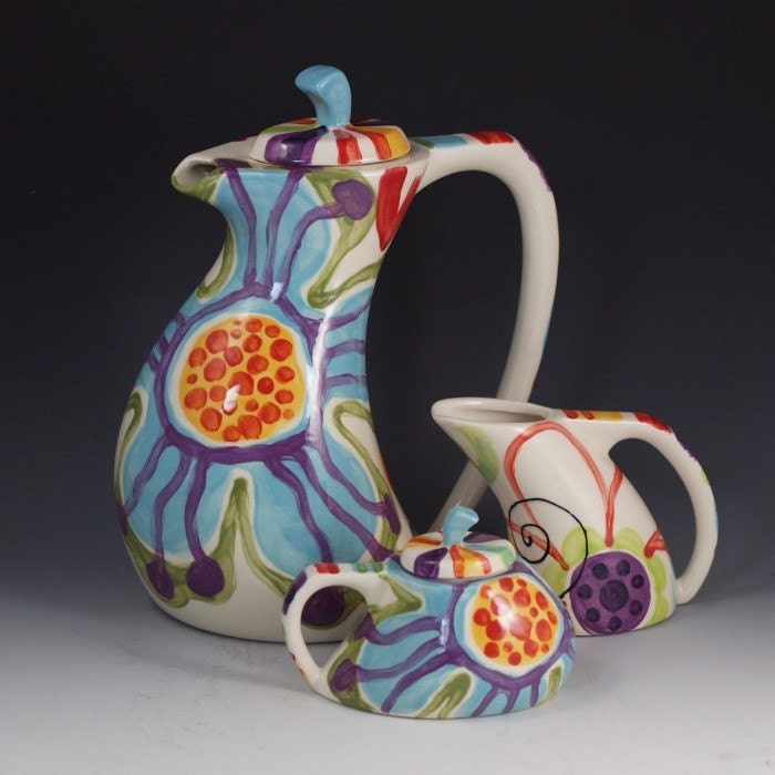 Tea Set - Jubilation Funky Tea Set -Colorful Pottery Kitchen Serving Fun Home Decoration Spring Gift Giving  J-369, J-374