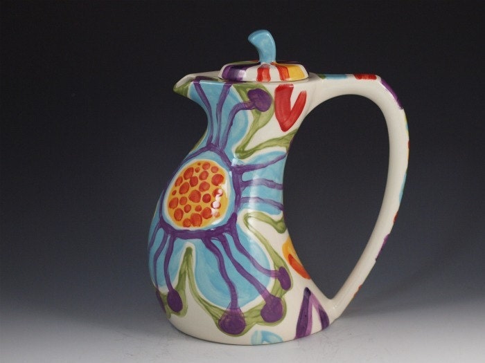 Colorful Floral Teapot - Jubilation Funky Teapot - Vibrant Pottery Coffee Hot Chocolate Serving Home Decor Birthday Gift Giving   J-369