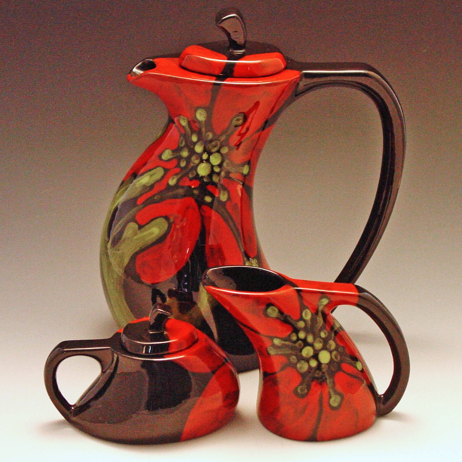 Bold Floral Tea Set - Red Poppy Funky Tea Pot, Cream & Sugar - Colorful Botanic Pottery Serving Home Decor Gift Giving   RP-369, RP-374