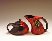 Floral Cream & Sugar - Red Poppy Funky Cream and Sugar Set - Colorful Ceramic Pottery Serving Home Decoration Valentine Gift Giving RP-374