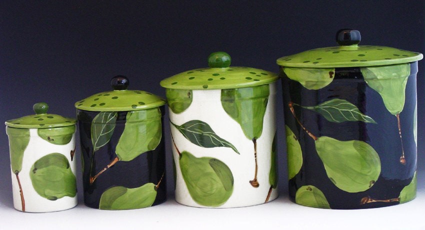 Canister Set - Pear Canister Set of Four - Colorful Handpainted Green Pear Pottery Natural Botanic Home Decor Kitchen Baker Gifts  P-320