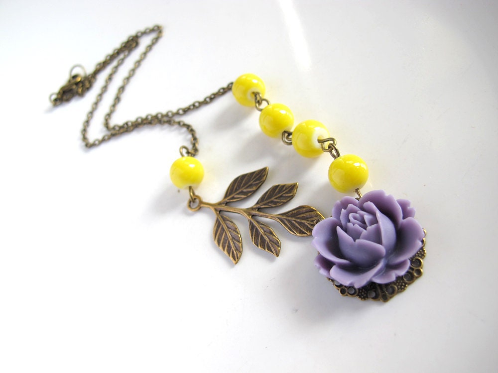 Summer Neon Collections. Nature Inspired Purple rose bud Branch leaves and Bright Yellow Glass beads Necklace