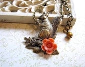 Brass squirrel necklace, vintage style -  orange flower - nature jewelry