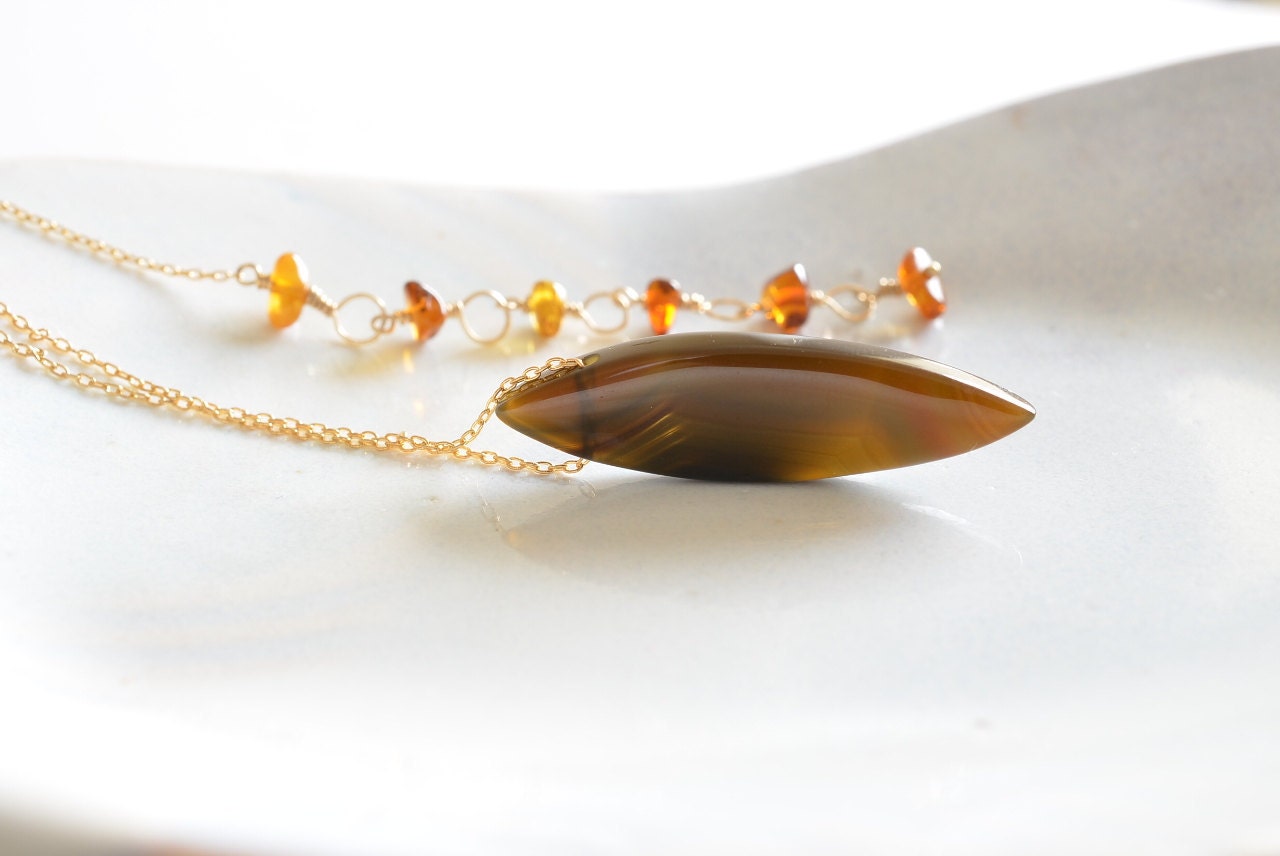 Brown Marquise Agate and Baltic Amber Gold Necklace