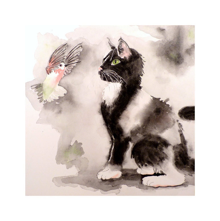 Cat Art, Black Cat Art, Painting Original Watercolor - Bird Art -  black white tuxedo cat nursery art schools Women Kids -  Artist Artwork