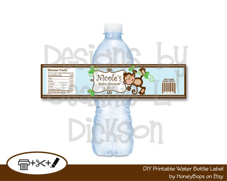 Monkey Water Bottle Label Birthday Baby Shower Announcement Printable Custom - Little Monkey Theme - PDF Digital file Il_570xn