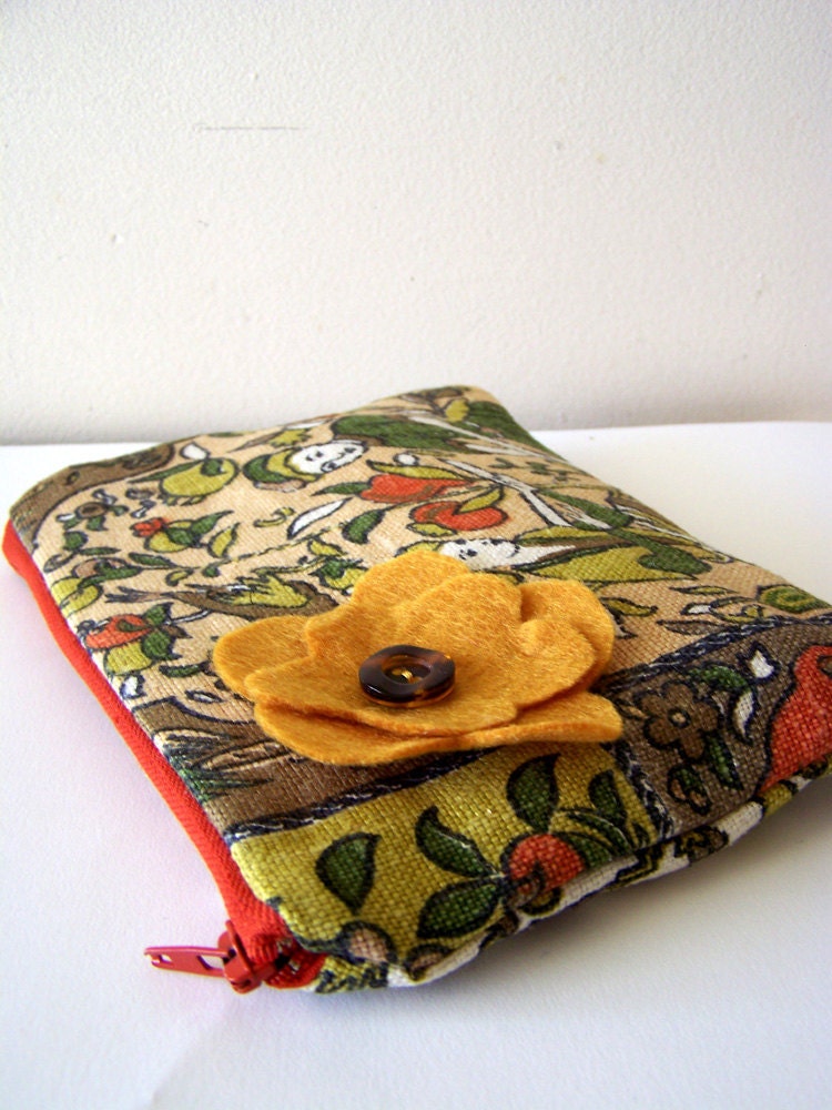 Vintage Fabric Zipper Pouch in green orange and yellow woodland tapestry print