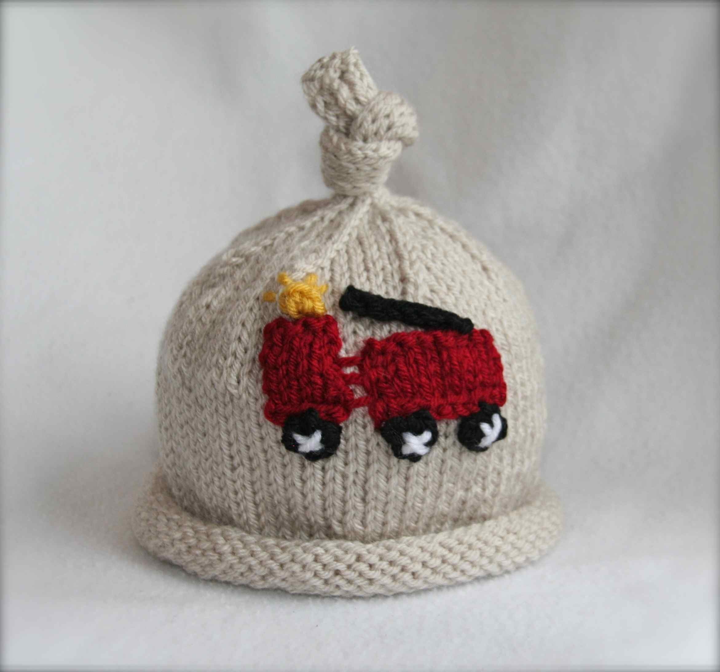 baby boy knit hat with fire truck applique.  sizes newborn-big kid available