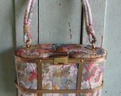 Vintage 1950s look ETRA Pill Box Purse, Retro Box Purse Style, Gold Framed Metal,Festive Holiday Dress Fashion