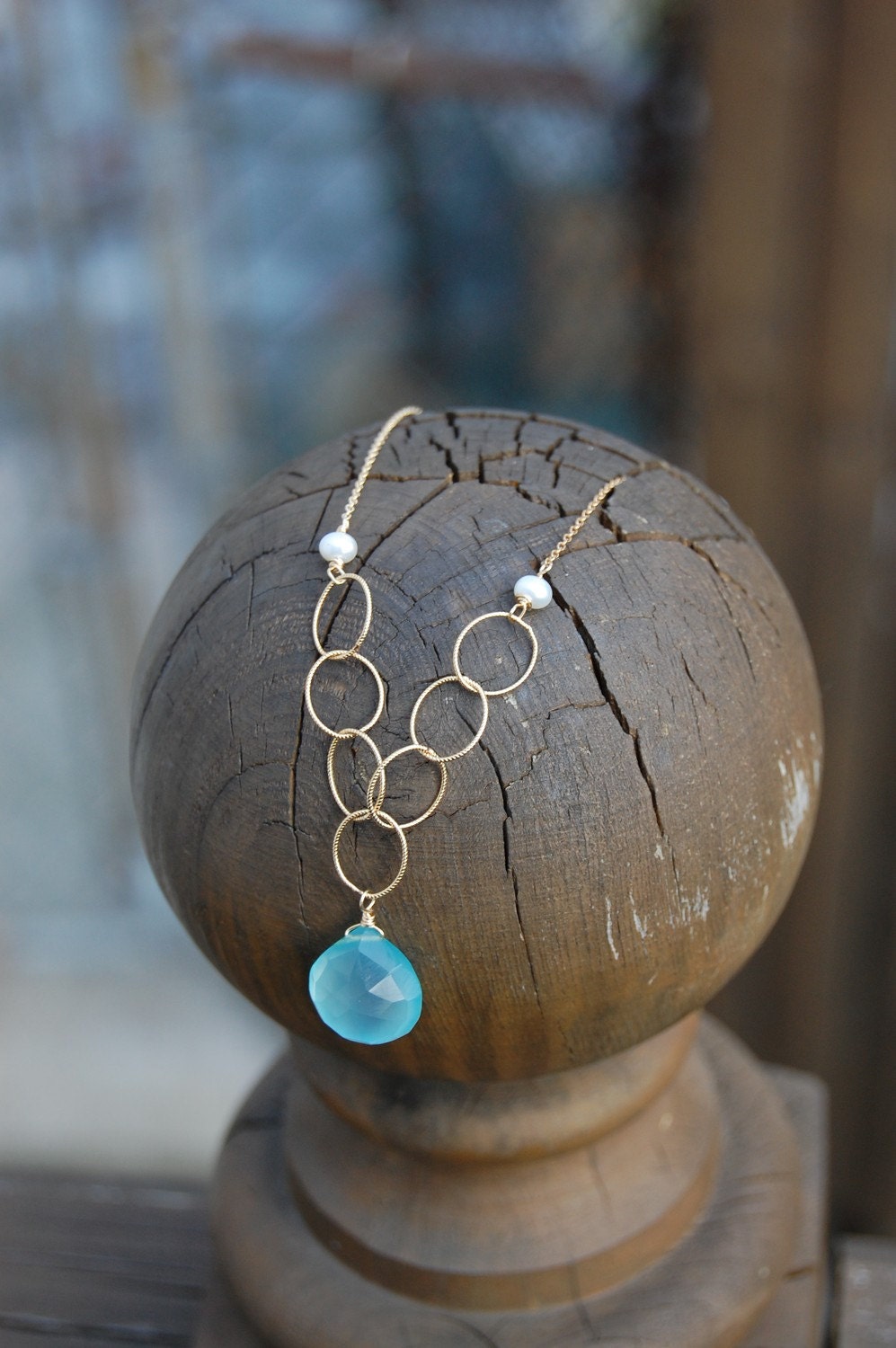 Heart of the Sea- Blue Chalcedony, pearl and gold filled