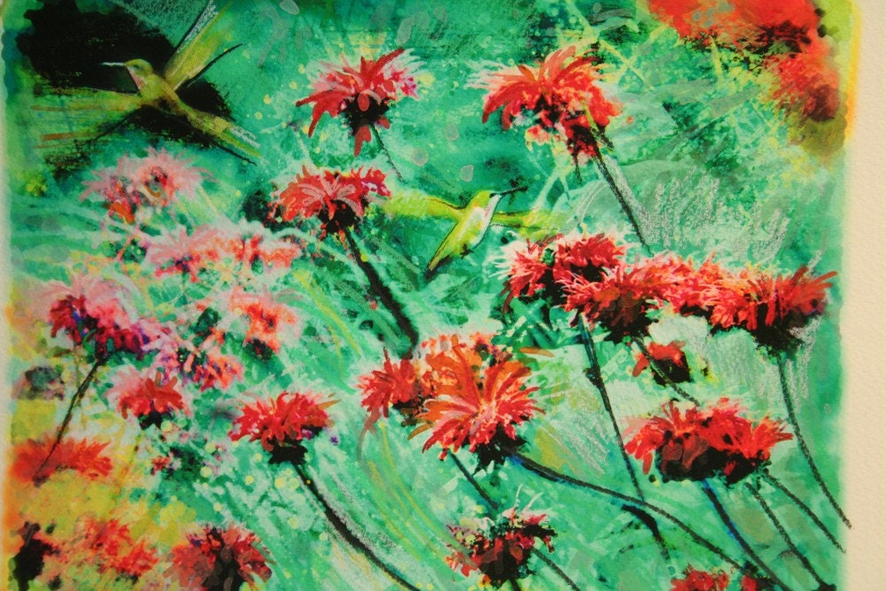 Hummingbirds gathering nectar, 8x10, Original Signed, Fine Art photograph, with mixed media, nature decor, birds, gardens, green decor, art