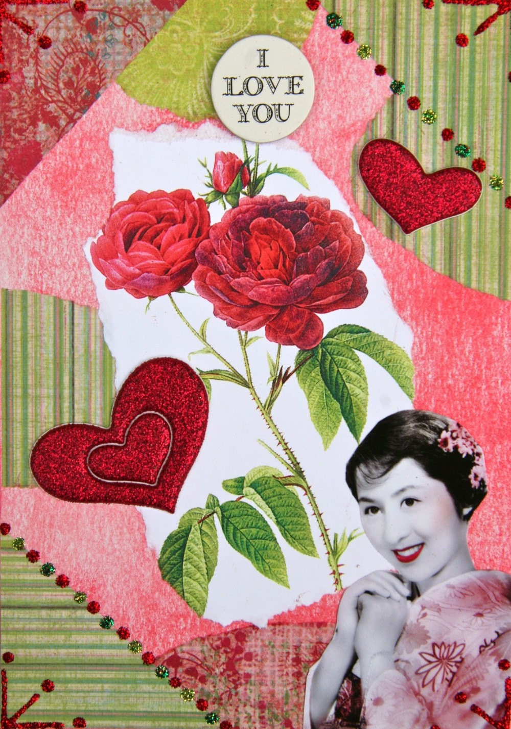 Handmade Collage Greeting Card, Size 5x7, Mixed Media, I LOVE YOU, Blank Inside