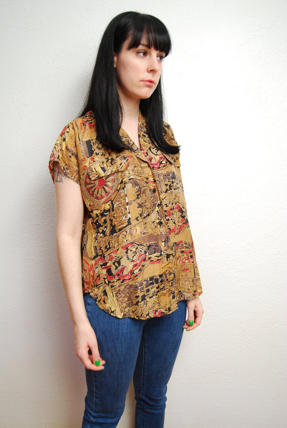 vintage 1980s / abstract print / silk / blouse / over size / neutral / short sleeves