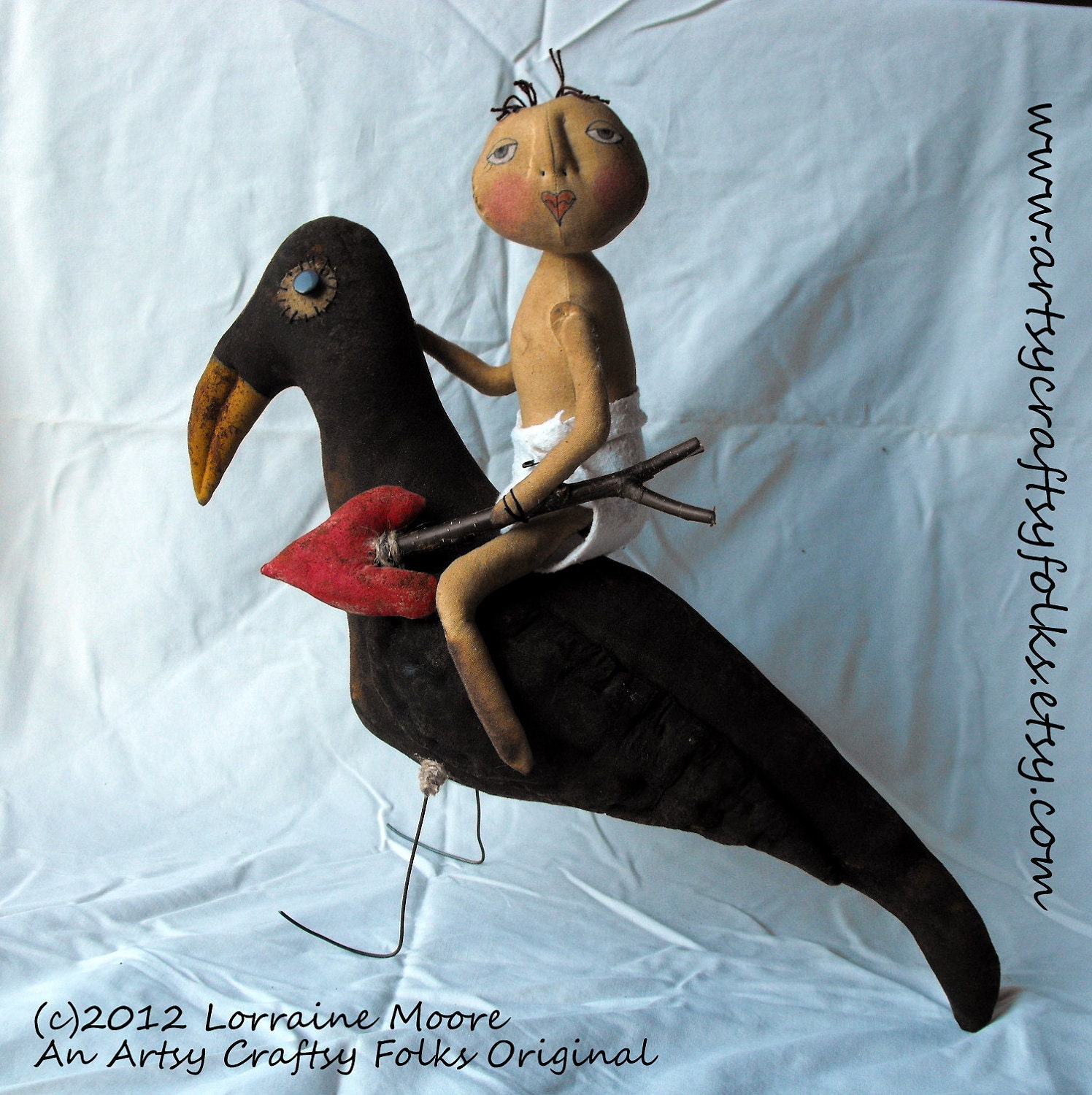 Primitive Valentine Cupid Riding a Dirty Olde Crow