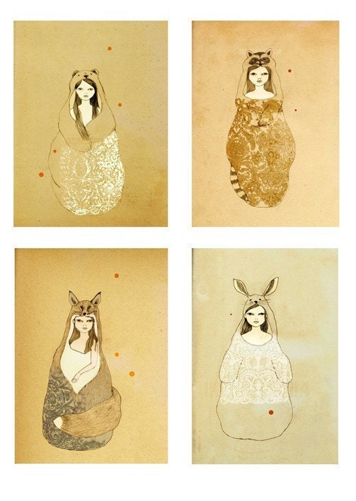 Woodland Art Set - Animal Girls set of 4 large prints 11x16