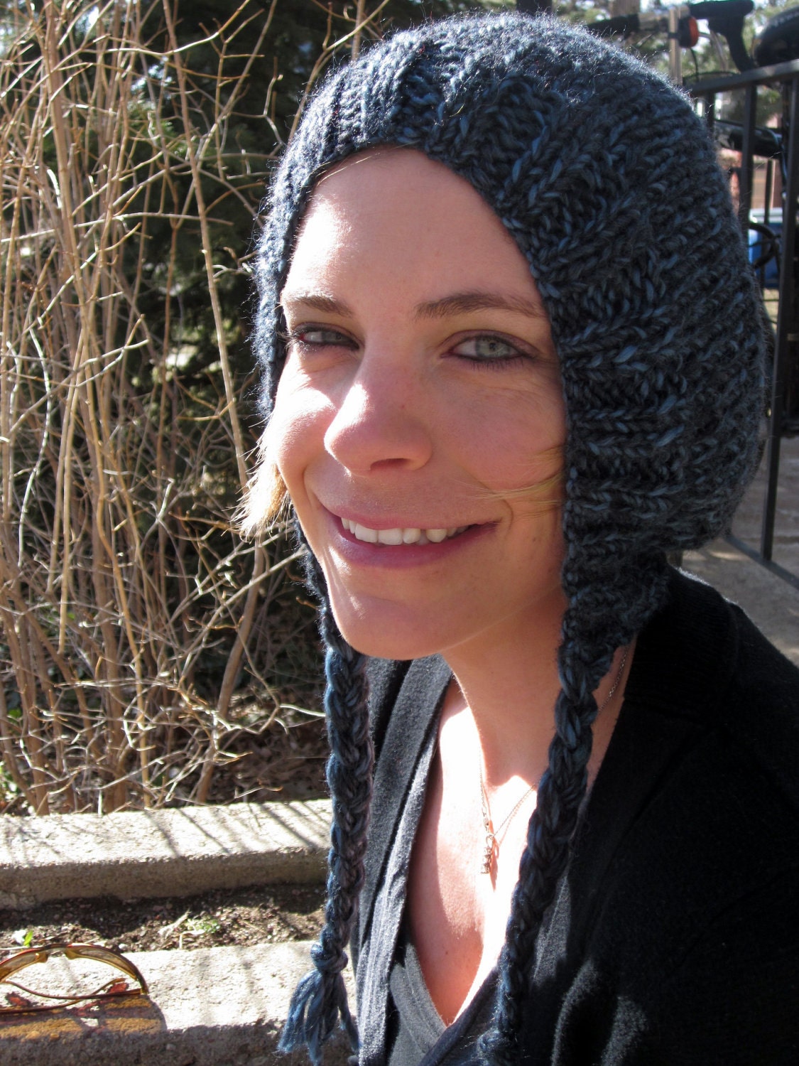 Blueberry Cream Bonnet. Soft. Handmade hat. Loose fit. Ear-flap hat. Blue hat.