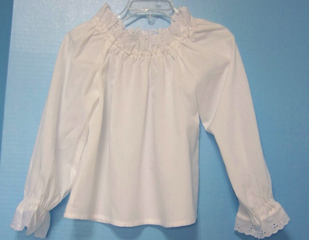 Girl's white Peasant Style Blouse or Dress With Long or 3/4 Sleeves and Eyelet Trim