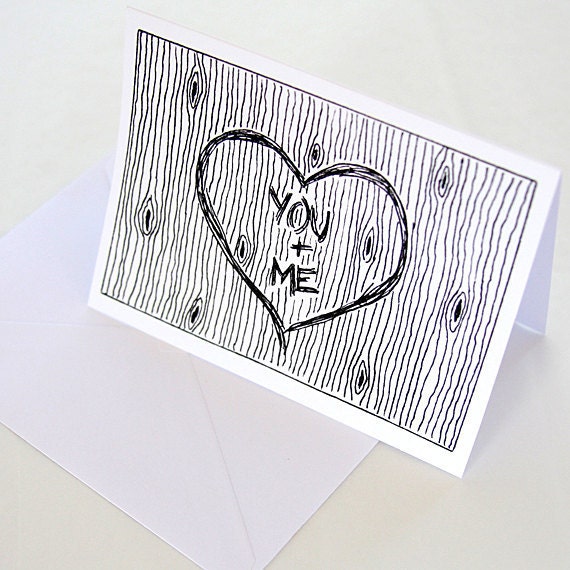 Valentine Card. I Love You Card. You and Me. Woodgrain. Faux Bois. Black, White.