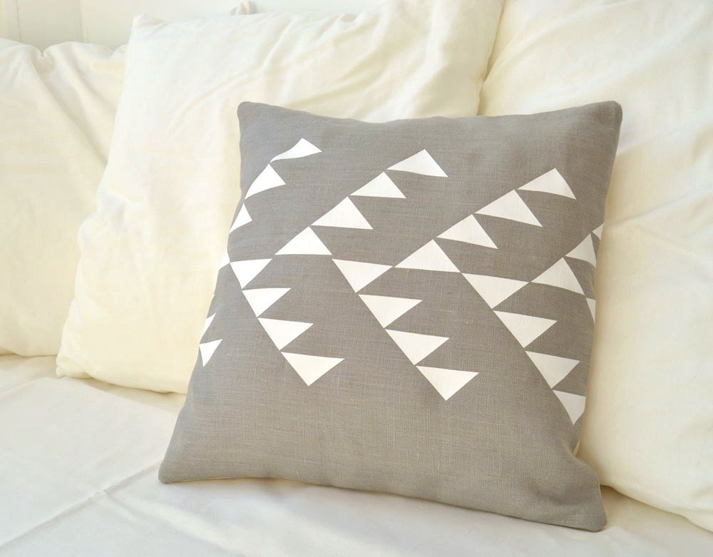 Grey linen pillow cover with geometric design in white Inspired by tribal patterns