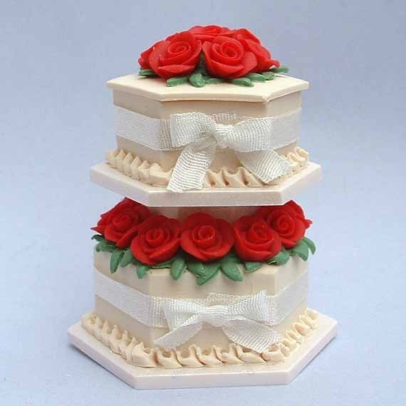 Dollhouse miniature wedding or Valentine hexagon  dolls house cake