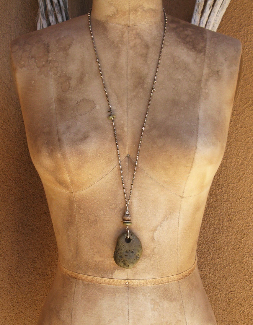 Natural Beach Stone Pendant with Thai Hilltribe Silver and Artisan Beads