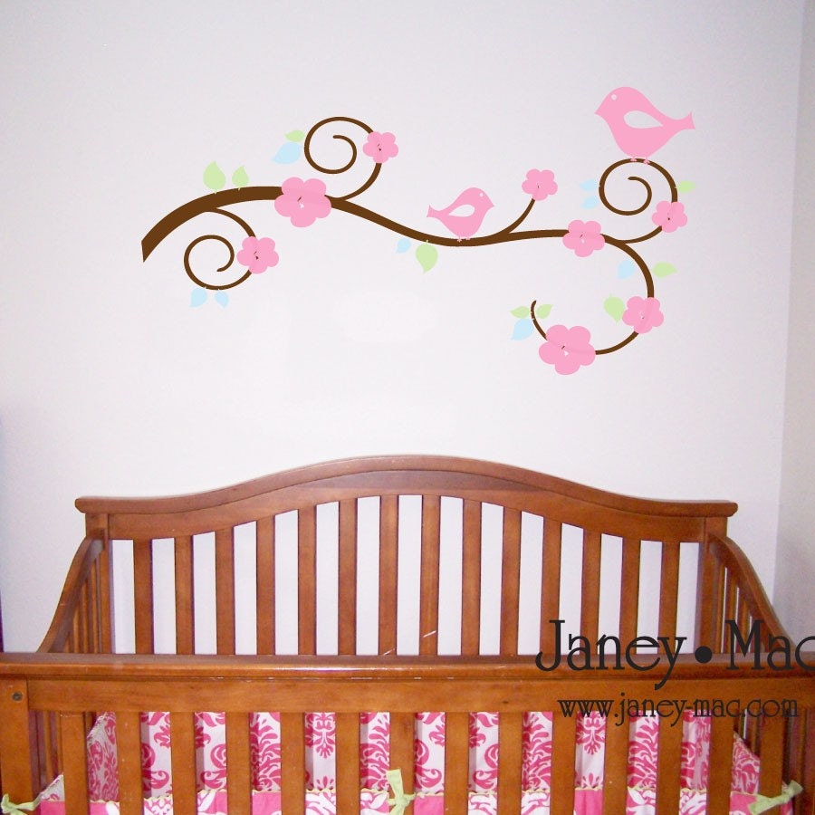 Swirl Branch Wall Decal with Birds and Flowers - Bananafish Nursery Children's Bedroom - Girls Vinyl Wall Art Room Decor - CT126B