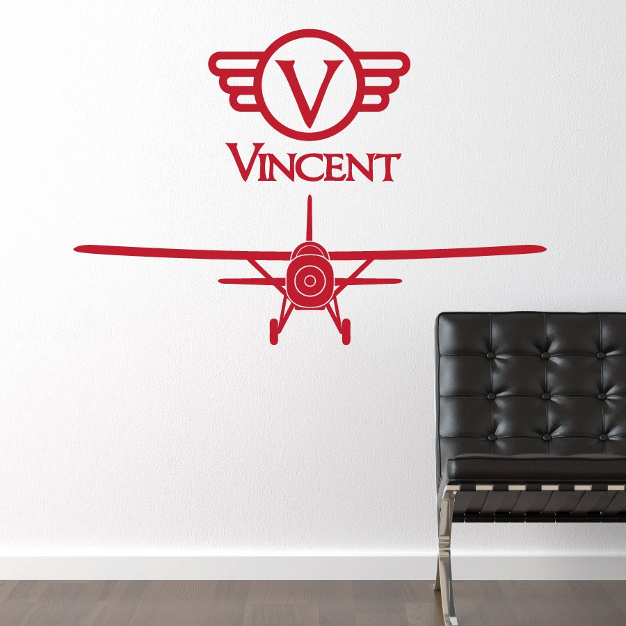 Vintage Plane with Name Wall Decal - Children's Boy Bedroom Wall Decor Sticker - Fighter Airplane - CB148B