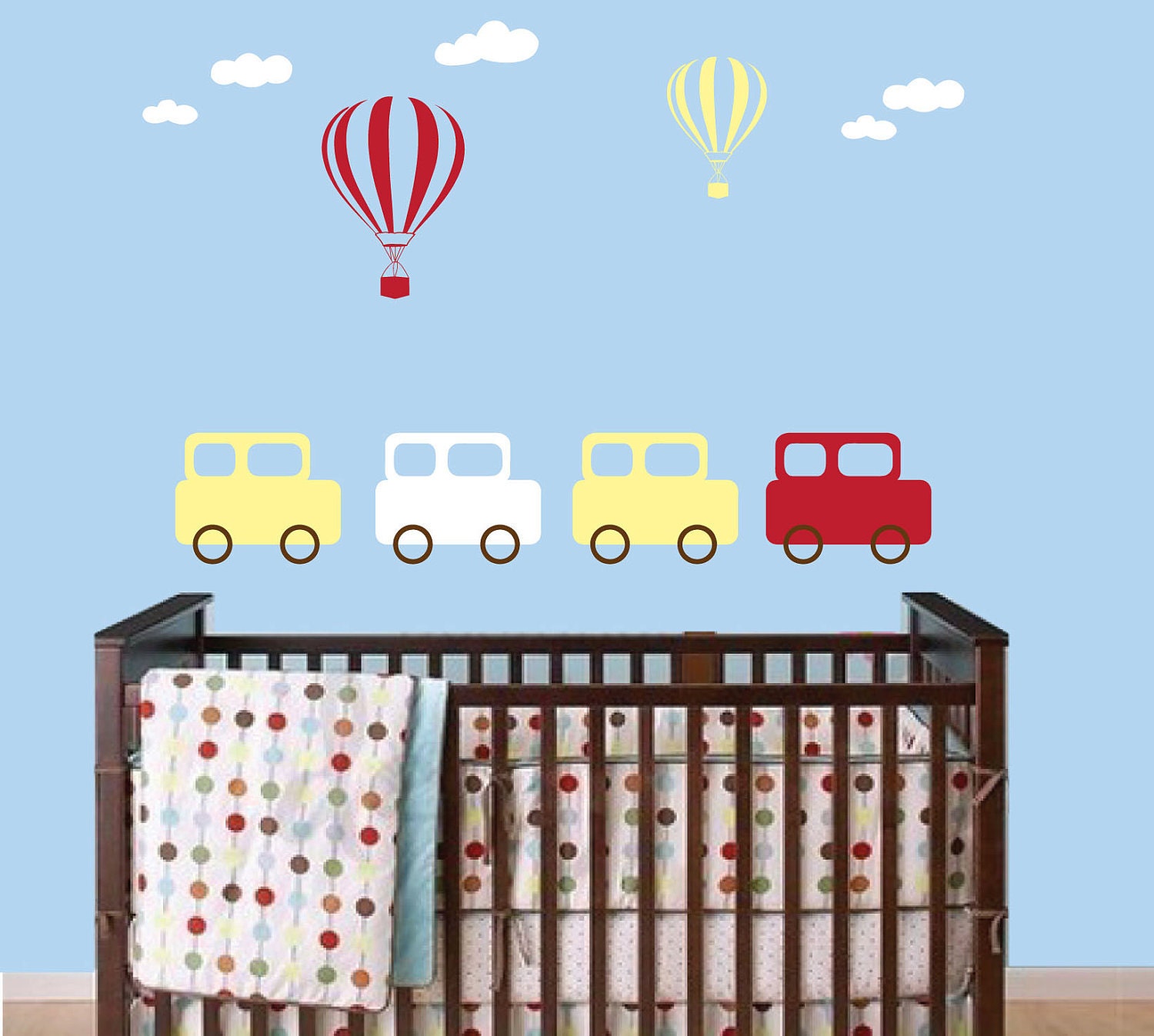 Childrens Vintage Retro Car Wall Decal with Hot Air Balloons and Clouds - Boy Bedroom Nursery Vinyl Wall Sticker Decor - CB136