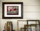 Art Print Ruby, Red, Birds on a Wire, Wall Decor with 11X14 mat