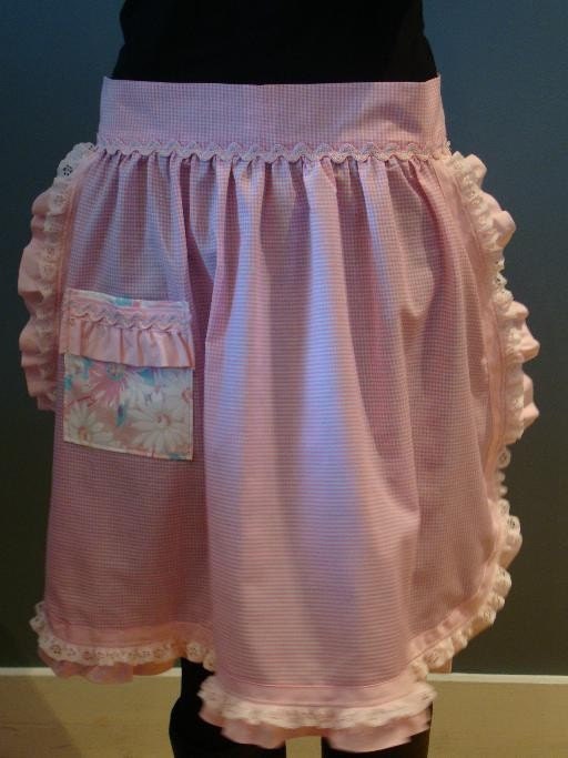 Frilly and Fun Half Apron in Pink Gingham with Single Pocket