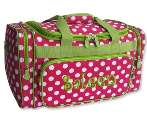 Personalized Duffle Bag Hot Pink White Lime Polka Dots DANCE GYM Luggage