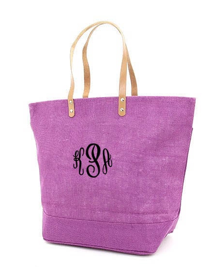 Personalized Tote Bag Jute Magenta Burlap Large Monogrammed Wedding Bridesmaid