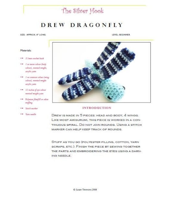 Easy Crochet Pattern PDF Download: Drew Dragonfly Amigurumi Toy in Worsted Weight Yarn - Designed by The Silver Hook
