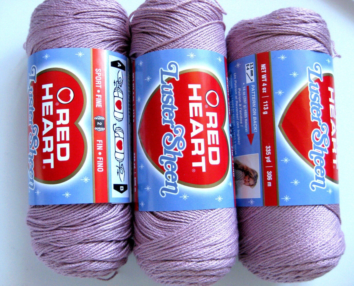 Red Heart LusterSheen yarn, Light Mulberry, fine weight, discontinued colour, mauve, Luster Sheen