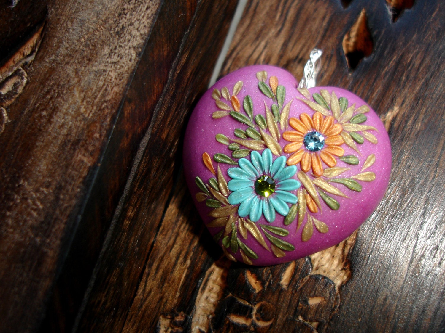 Lovely  Pendant Heart- PolymerClay  heart pendant in shimmery Dusty Pink mauve, multi colors , swarowski crystals