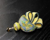 Grey Neon Blue Green floral silver brooch/pin with swarowski rhinestone.lampwork bead and peridot CZ with silk ribbon - Lemon Pie