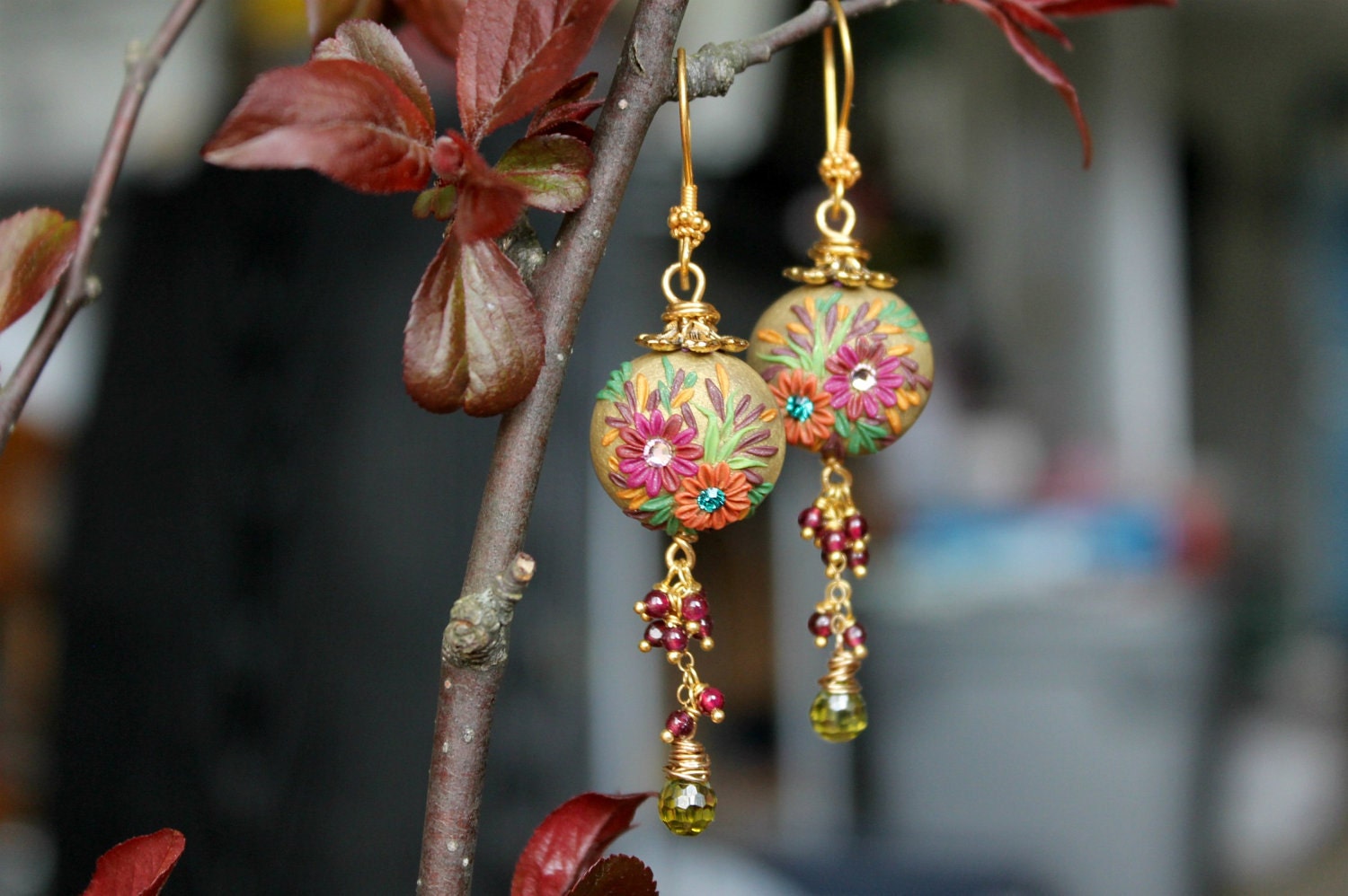 Peridot CZ briolettes, garnet gemstones with Clay details 24k vermeil earrings - A Perfect day of Spring