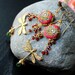 Olivine Vesuvianite, Pyrope Garnet,dragonfly polymer clay gemstone earrings with clay floral beads in gold fill and brass - In the garden