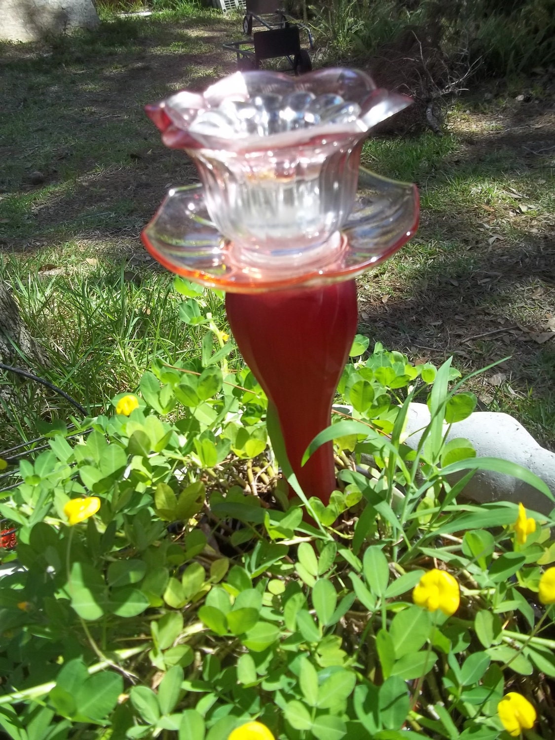 Recycled Garden Yard Art Hanging Basket Mini Totem - "Ruby Red"