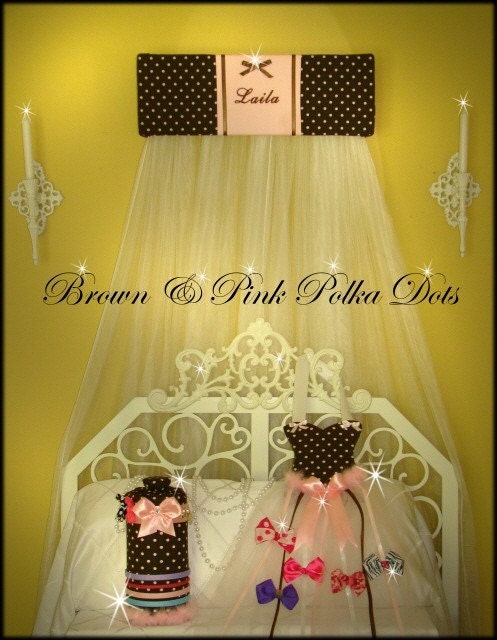 Princess BED Canopy TOPPER Mosquito Net Brown and Pink Embroidered Personalized Monogram