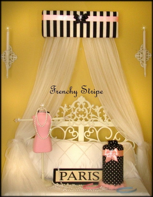 Princess Bed Canopy Crown Valance French Paris Stripe Pink Black White ...