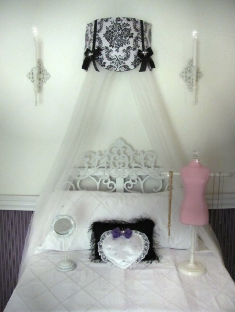 Cornice Teester Bed Crib Crown Canopy Swag Suzette Damask White Black with Bows and WHITE Sheers