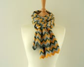 Knitted Chevron Scarf - Merino Wool - Autumn Yellow Gold, Silver Grey & Olive Green - Soft - ZigZag