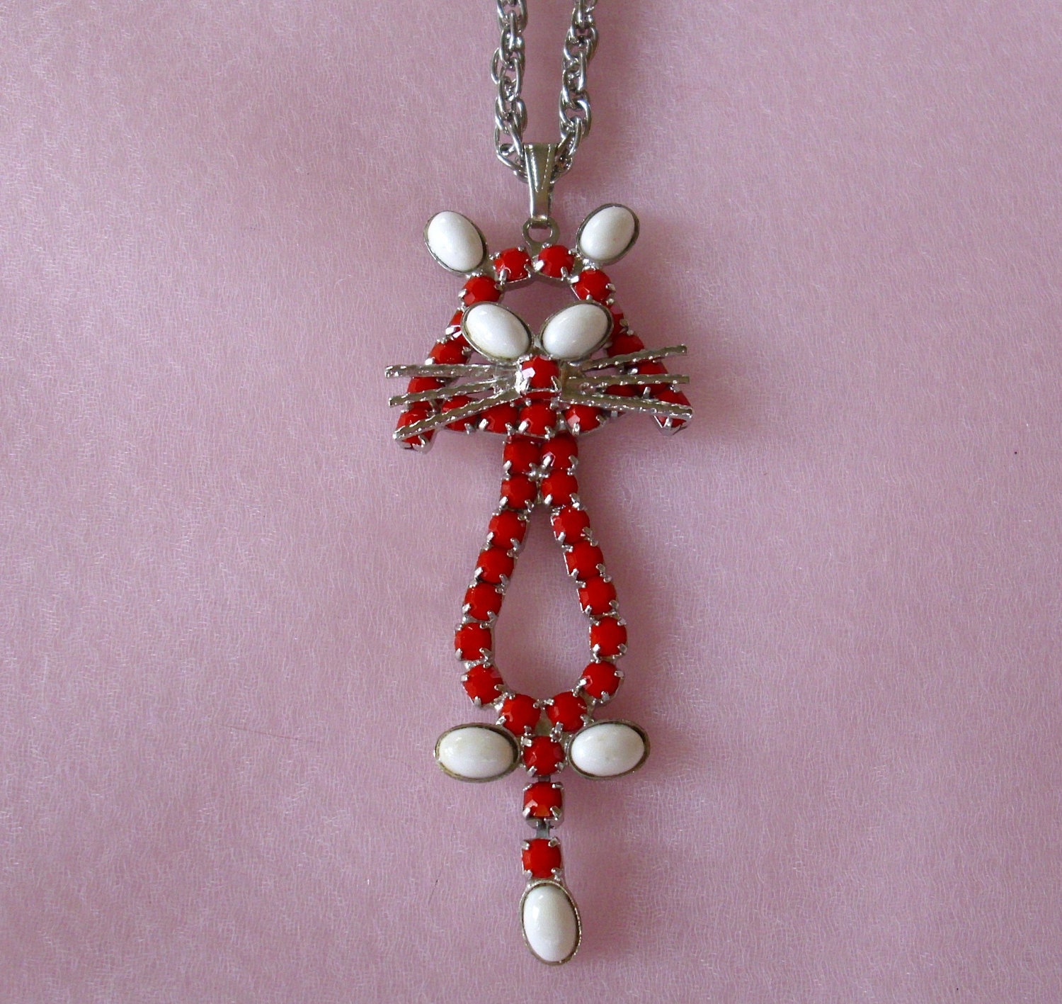Red and White Cat Vintage Signed Pendant Necklace