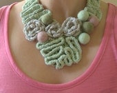 Textile bib necklace pastel Mother's day jewelry pale sage green mint fern collar linen flower crochet handmade Birthday spring gift her