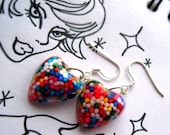 Sweet Talk ...I Want Candy - Heart Shaped Resin Dangle Earrings... Rainbow Cupcake Sprinkles Hearts Handcrafted by isewcute