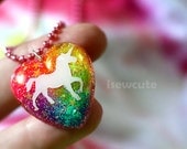 Unicorn Neon Rainbow Glitter Jewelry... a sparkly heart resin glitter pendant necklace "pink chain included" by isewcute