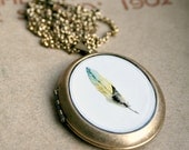 Feather Locket Necklace - Green and Yellow Feather Watercolor Painting - Wearable Art